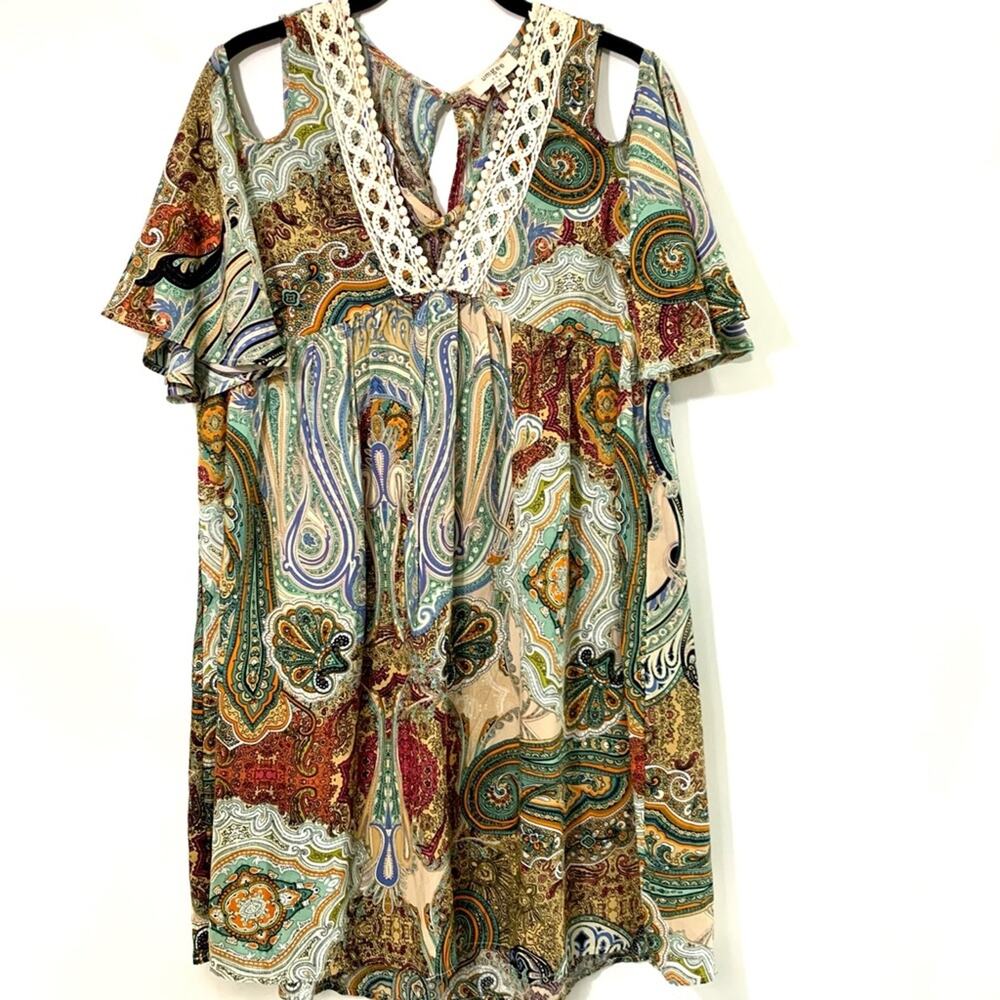 Umgee Boho Cold Shoulder V-Neck Tunic Baby Doll Dress Small